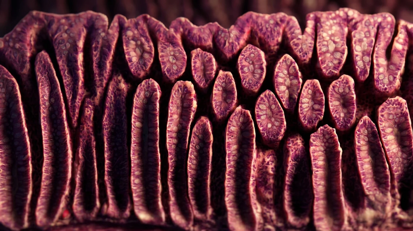 Healthy colon mucosa under the microscope: long crypts lined up in parallel rows, like test tubes
