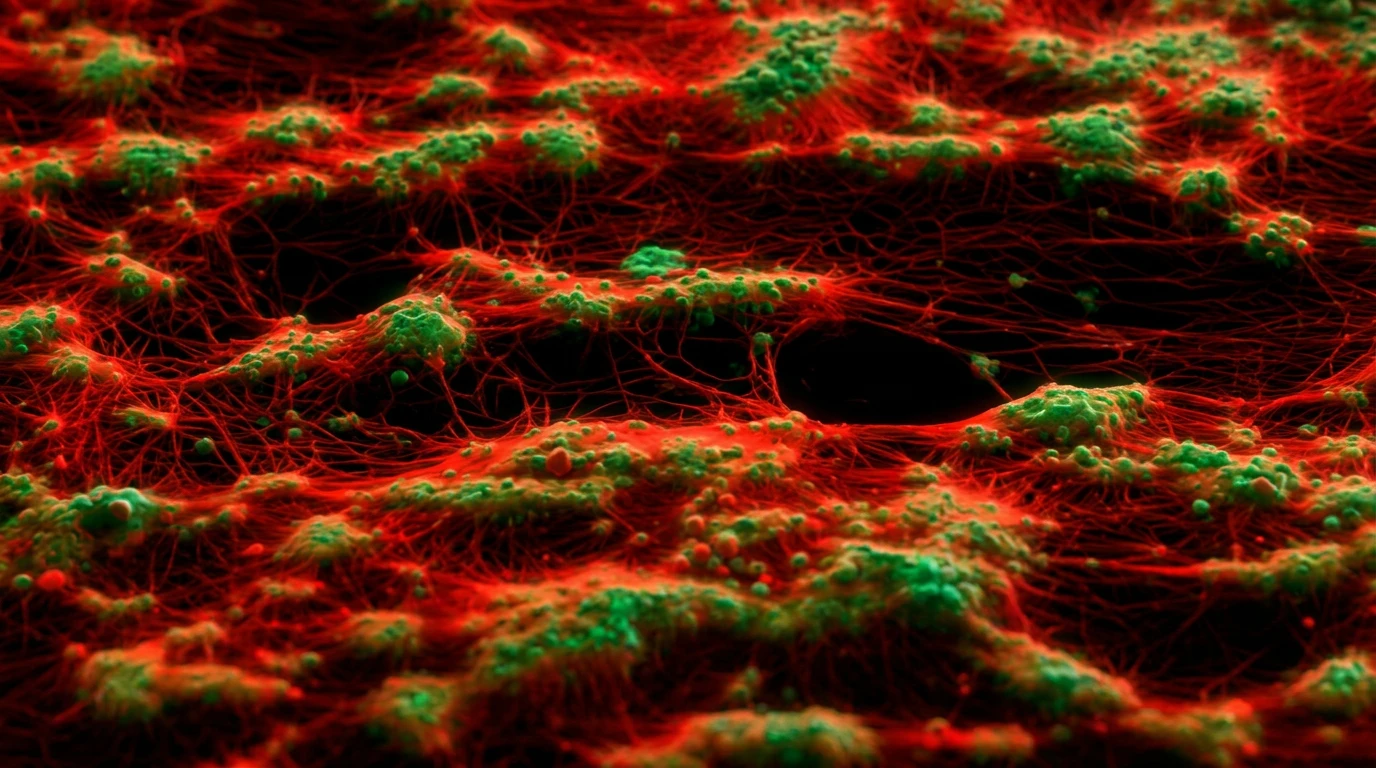 Human blood clot under a confocal microscope: red strands of fibrin wrap around green clusters of platelets