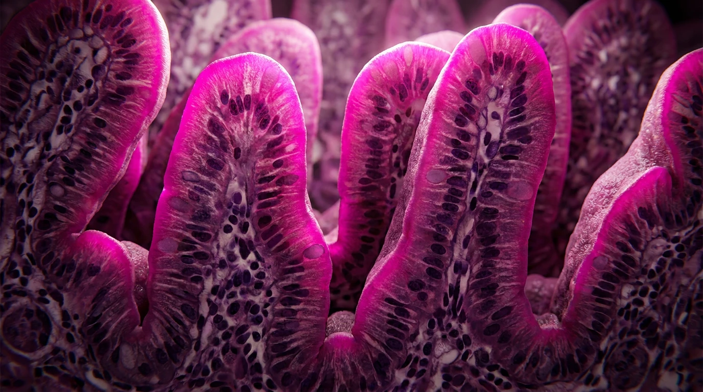 Micrograph of the lining of a human duodenum: finger-shaped villi, each covered by its layer of cells