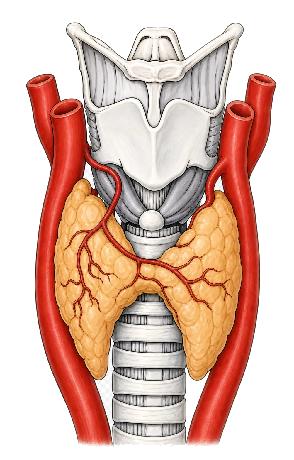 Illustration of the front of the neck with the larynx, trachea, blood vessels and thyroid gland