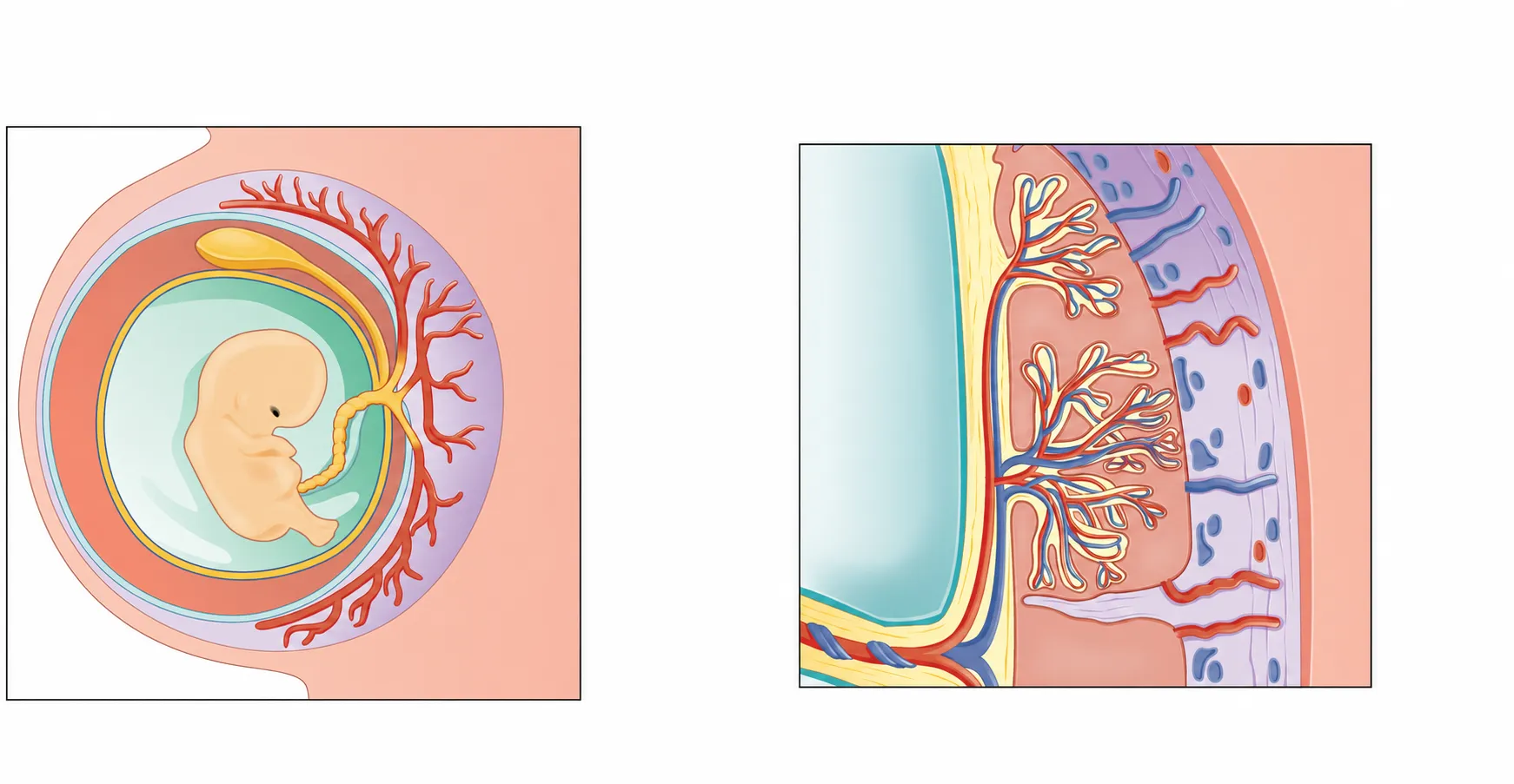 Placenta beside the baby, connected by the umbilical cord