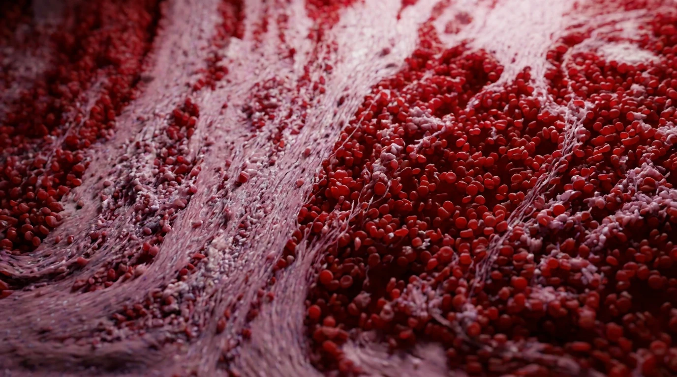 Blood clot under the microscope, shown in relief: pale streaks of fibrin and platelets winding between dense red patches of red blood cells